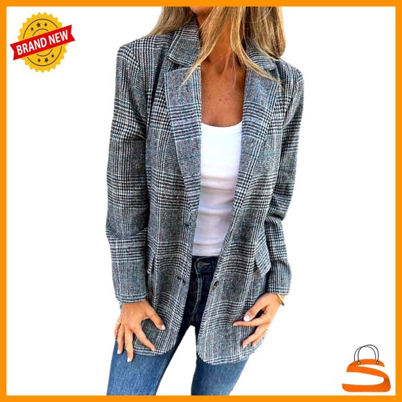 Oversized Tweed Blazer Houndstooth Plaid Work Suit Jacket Business Casual